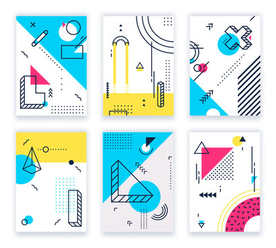 Geometric shapes posters. Abstract geometrical shapes cards, funky 80s and memphis style design. Geometry poster, hipster colorful flyer brochure. Isolated background illustration vector set
