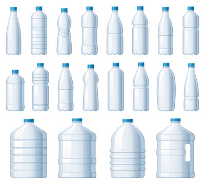 Plastic bottles. Water cooler bottle, PET package for liquids and soda drink beverage. Liquid bottles storage, fresh cold water empty packages. Isolated vector illustration icons set