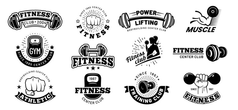 Retro fitness badges. Gym emblem, sport label and black stencil bodybuilding badge. Fit weight training workout logo, athlete team or gym sticker emblem. Isolated vector icons set