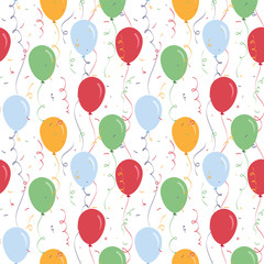 Seamless pattern with colorful confetti and balloons isolated on white. Holiday or Birthday background.
