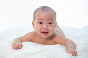 Babies are sad on the bed.