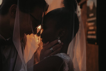 bride and groom covered with veil close-up. Interracial marriage. Asian bride and groom.