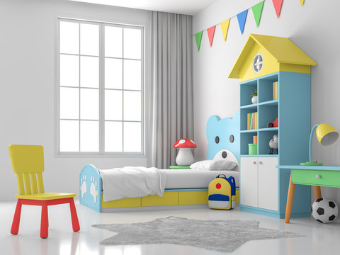 Children's bedroom 3d render, white walls and floors, decorated with blue bear beds and colorful furniture, large windows that allow natural light into the room.