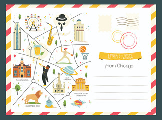 Chicago card with symbols, objects and landmarks