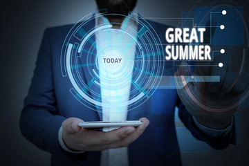 Conceptual hand writing showing Great Summer. Concept meaning Having Fun Good Sunshine Going to the beach Enjoying outdoor Male wear formal suit presenting presentation smart device