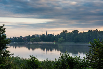 Fototapeta na wymiar View of the small town and the lake