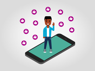 Happy African American waving hand, standing on the mobile phone, surrounded by the thumbs up signs. Likes on social networks, online support,influencer,followers. Popular, self confident guy. Vector 