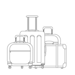 Contour illustration of various suitcases. Family travel. Linear drawing of luggage and scrub. Vector black and white element for logos, articles, icons and your design.