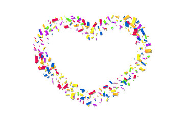 Heart confetti isolated white background. Fall color confetti, heart-shape. Valentine day holiday, romantic wedding border card. Valentines decoration frame. Greeting love design. Vector illustration