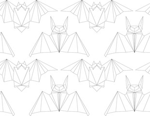Seamless texture with outline poligonal bats in a row. Halloween holiday. Animal origami. Paper zoo. Vector line art pattern for fabrics, backgrounds and your creativity.