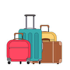 Color cartoonillustration of various suitcases. Family travel. Linear drawing of luggage and scrub. Vector colored element for logos, articles, icons and your design.