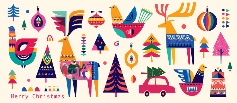 Christmas pattern in Scandinavian folk style with deer, Christmas tree, bird