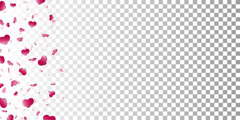 Heart frame isolated white transparent background. Pink hearts fall confetti border. Abstract heart design love card, wedding romantic greeting poster. Valentine day decoration. Vector illustration