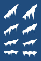 Snow cap ice set. Winter design snowy icicle roof. White snow template. Frame decoration isolated on blue background. Contour outline snow cap. Christmas New Year frozen texture. Vector illustration