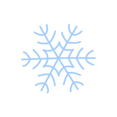 Snowflake icon. Blue silhouette snow flake sign, isolated on white background. Flat design. Symbol of winter, frozen, Christmas, New Year holiday. Graphic element decoration. Vector illustration