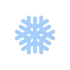 Snowflake icon. Blue silhouette snow flake sign, isolated on white background. Flat design. Symbol of winter, frozen, Christmas, New Year holiday. Graphic element decoration. Vector illustration