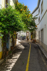 Picturesque street in Tavira old town decorated with flowers. Tavira, Algarve, Portugal, April 2019