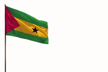 Fluttering Sao Tome and Principe isolated flag on white background, mockup with the space for your content.