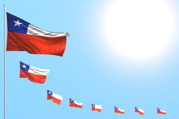 cute holiday flag 3d illustration. - many Chile flags placed diagonal with selective focus and free place for your content