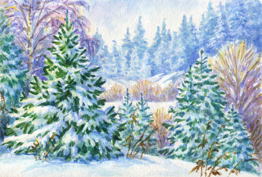 Snowy winter forest - watercolor landscape