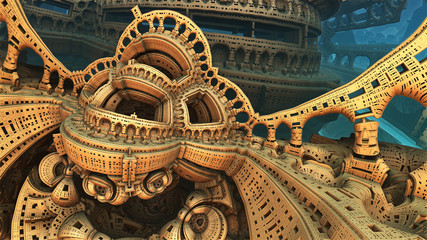 Abstract background, fantastic 3D gold structures, fictional background.