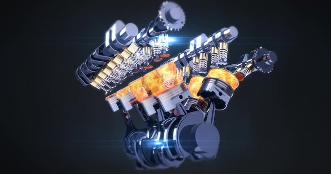 Power Hungry Rotating V8 Engine Producing Power. CG Animation. Pistons And Other Mechanical Parts Are In Motion With Explosions.