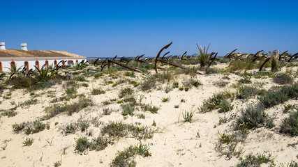 The scenic Anchors Cemetery laying among the dunes of Barril beach near Tavira, Algarve, Portugal.