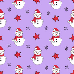 Christmas seamless pattern with snowman, fir trees and snowflakes. Perfect for wallpaper, wrapping paper, pattern fills, winter greetings, web page background