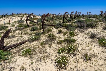 The scenic Anchors Cemetery laying among the dunes of Barril beach near Tavira, Algarve, Portugal
