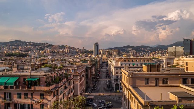 Aerial View of Genoa Skyline, Italy, Lantern Landmark, Liguria, Old Town cityscape hyperlapse