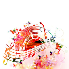 Fototapeta premium Colorful music background with music notes and vinyl record disc isolated vector illustration design. Artistic music festival poster, events, party flyer, music notes signs and symbols 