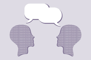 Face to face communication. Two heads representing people communicate through speech baloons. Talk, chat, conversation, meeting, discuss, listening, psychotherapy, concept. Violet background. Vector