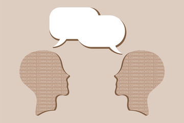Interpersonal communication, dialog. Two heads representing people communicate through speech bubbles. Talk, chat, conversation, meeting, arguing, listening, psychotherapy, concept. Beige background