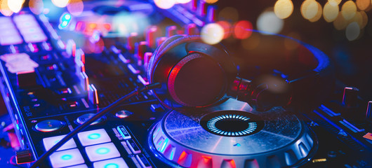 Club Concert Party Musical EDM Sound on Stage Show DJ . Bokeh Blur Background.  - obrazy, fototapety, plakaty