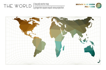 Polygonal map of the world. Gringorten square equal-area projection of the world. Brown Blue Green colored polygons. Energetic vector illustration.