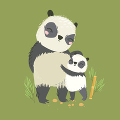 Vector illustration of animals. Big panda mom and baby. Lovely hug. Mother's love. Wild bear
