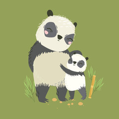 Vector illustration of animals. Big panda mom and baby. Lovely hug. Mother's love. Wild bear © Lesya