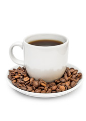 Cup of coffee with coffee beans on saucer. isolated on white.