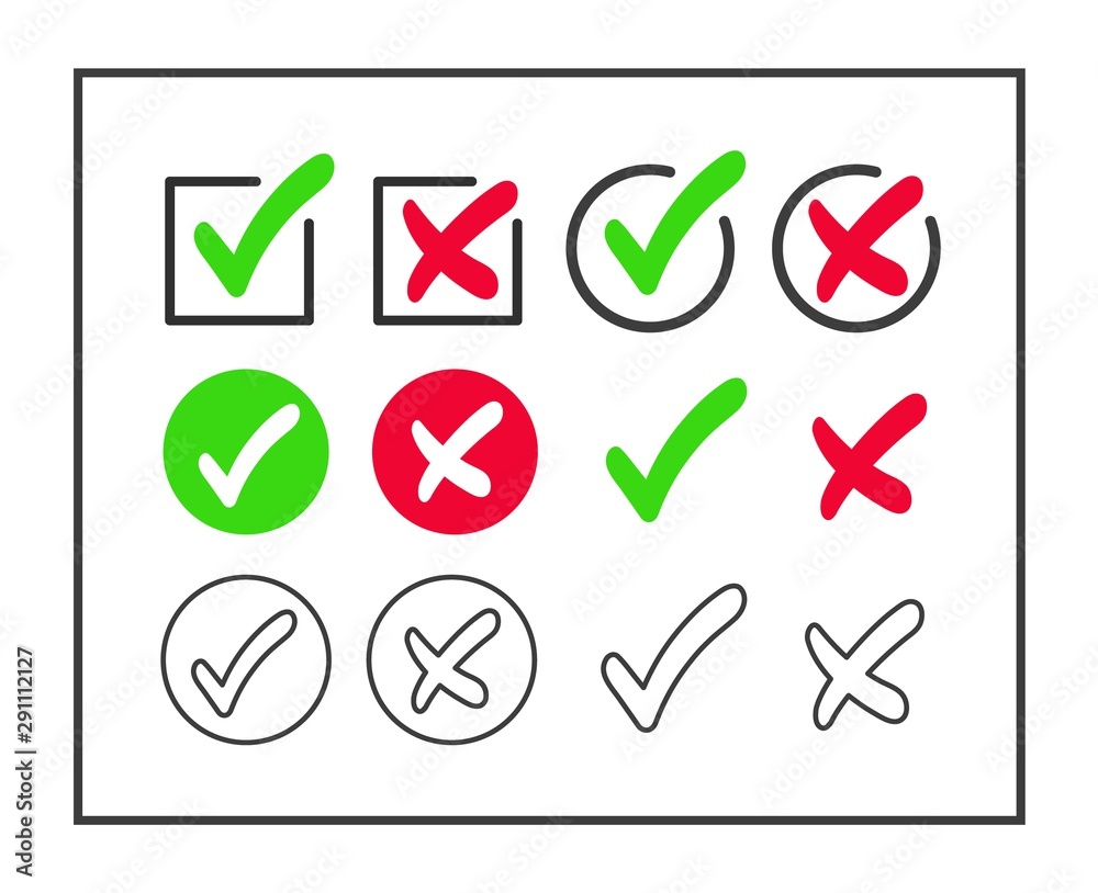 Aufkleber vector checkmark and cross icon set isolated on white background. green tick and red cross. yes or n