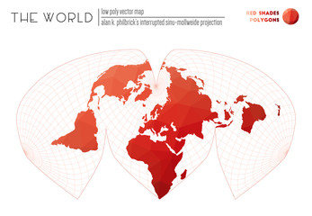 World map with vibrant triangles. Alan K. Philbrick's interrupted sinu-Mollweide projection of the world. Red Shades colored polygons. Neat vector illustration.