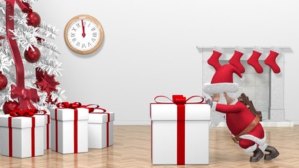 Santa Claus Pushing Gift. Merry Christmas and Happy New Year 2020 animation. Santa Claus with a Christmas gift near the Christmas tree. With alpha channel.