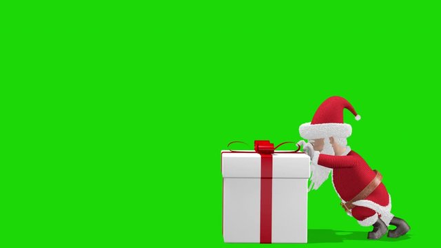 Santa Claus Pushing Gift. Merry Christmas and Happy New Year 2020 animation. Santa Claus with a Christmas gift near the Christmas tree. With alpha channel.
