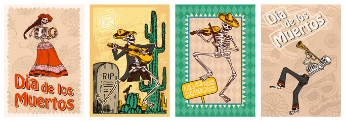 Day of the Dead Posters on a colored background. Skeletons dance and play musical instruments. In Spanish Dia De Los Muertos. Religious holiday with happy skulls. Hand drawn engraved banner Set.