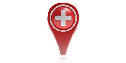 Obraz premium Cross icon on a red color map pointer isolated against white background. 3d illustration