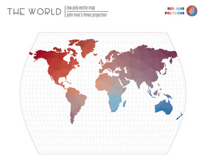 World map with vibrant triangles. John Muir's Times projection of the world. Red Blue colored polygons. Creative vector illustration.