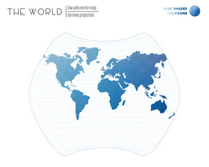 Polygonal world map. Larrivee projection of the world. Blue Shades colored polygons. Trending vector illustration.