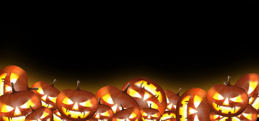 Frame for Halloween text with a lot of Jack O Lanterns pumpkins with spooky face Glowing candles inside. Black background. Banner. Copyspace