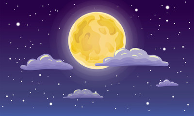 vector full moon, stars, and clouds on the dark midnight sky. Night sky scenery background. Cartoon full moon on dark starry night sky with clouds. illustration of moon, stars clouds on midnight sky.