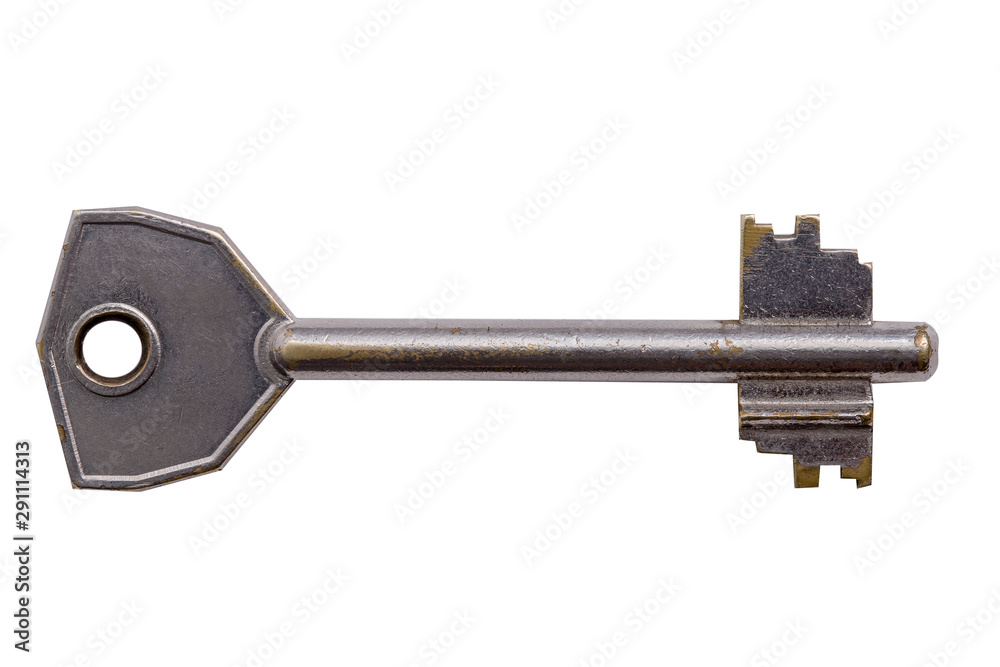 Poster old key with scratches isolated on a white