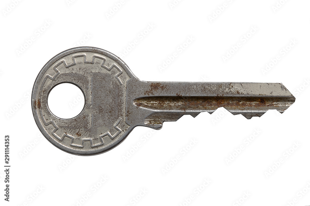 Poster old key with scratches isolated on a white